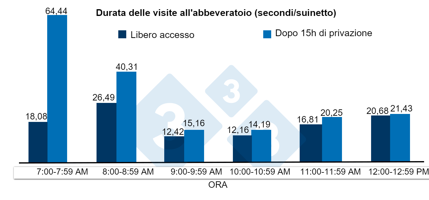 Durata delle visite allabbeveratoio (secondi) per suinetto dopo 15 ore di privazione o libero accesso allacqua.