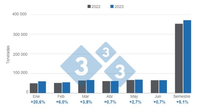 Grafico 1: Evoluzione della produzione di carne suina argentina nella prima metà del 2023. Preparato da 333 con i dati del Segretario dell'agricoltura, dell'allevamento e della pesca del Ministero dell'Economia dell'Argentina.