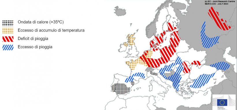 Mappa 1. Eventi meteorologici estremi in Europa dal 1&deg; giugno al 16 luglio 2023 (fonte: MARS Butlletin 24/07/2023).
