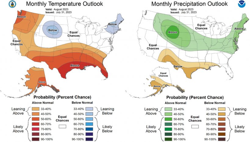 Mappa 1. Previsioni meteorologiche mensili negli Stati Uniti. Temperatura a sinistra e precipitazioni a destra. (fonte: https://www.cpc.ncep.noaa.gov)

