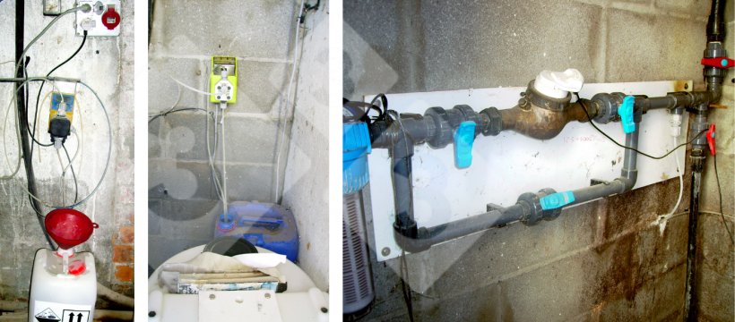Figura 7. Sistema igienico-sanitario. A sinistra: pompa dosatrice di cloro, al centro: pompa dosatrice di perossido di idrogeno, a destra: filtro, contatore di flusso e &quot;by pass&quot;.
