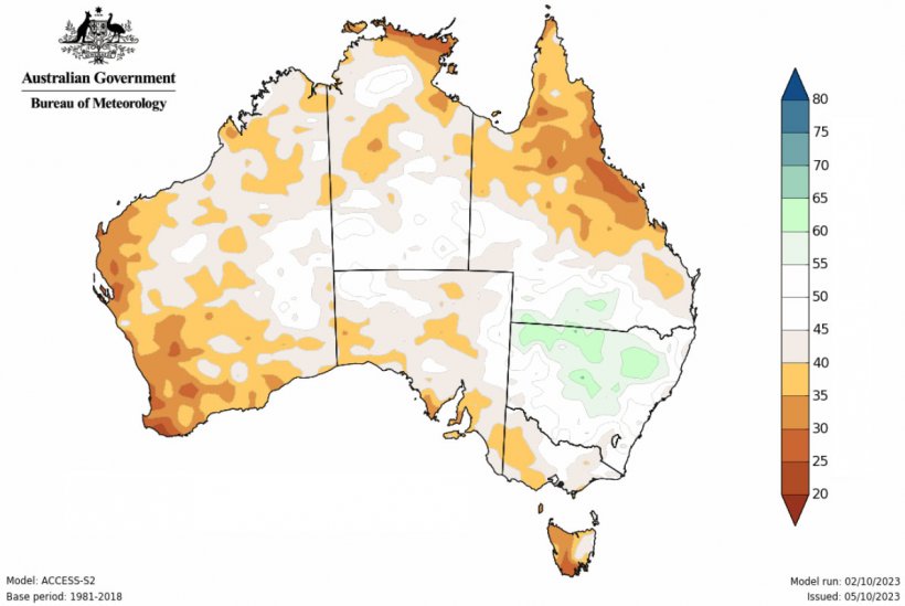 Mappa 3. Probabilit&agrave; di precipitazioni superiori alla media dal 23 novembre al gennaio 2024 in Australia (fonte: Bureau of Meteorology, Australia).
