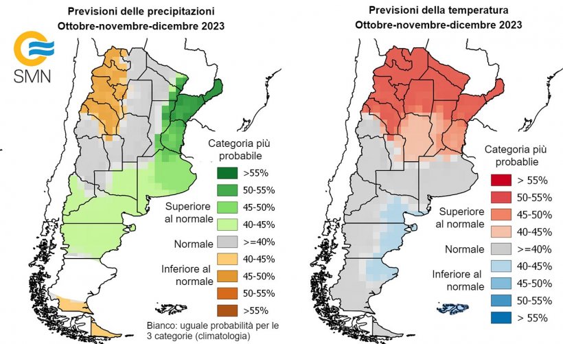 Mappa 2. Previsioni climatiche in Argentina (fonte: Servizio Meteorologico Nazionale Argentino).
