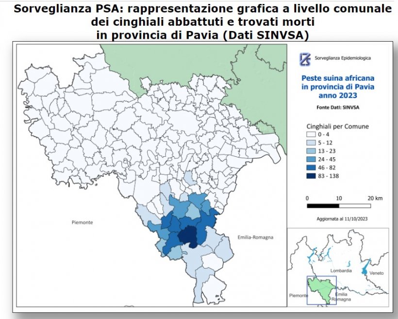 Sorveglianza PSA: rappresentazione grafica a livello comunale
dei cinghiali abbattuti e trovati morti
in provincia di Pavia (Dati SINVSA)