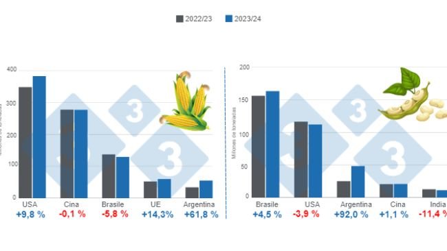 Grafico 1. Proiezione del raccolto per i principali produttori mondiali di mais e soia - Campagna 2023/24 rispetto al ciclo 2022/23. Preparato dal Dipartimento di Economia e Market Intelligence con dati FAS – USDA.