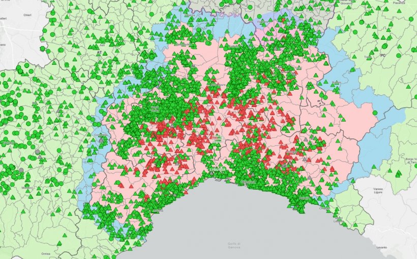 Mappa aggiornata al 2 novembre 2023 delle positività in Piemonte e Liguria. Il triangolo rosso rappresenta cinghiali positivi, triangolo verde cinghiali negativi, circolo verde rappresenta i suini domestici negativi.
