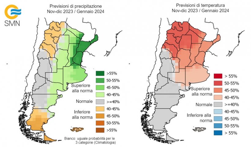 Mappa 3. Previsioni climatiche trimestrali in Argentina per novembre 2023-gennaio 2024. Fonte: Servizio Meteorologico Nazionale dell&#39;Argentina
