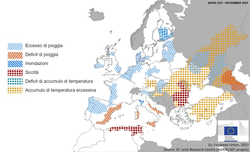 Mappa 1. Eventi climatici estremi in Europa dal 1° ottobre al 18 novembre 2023 (fonte: MARS Bulletin 27/11/2023).