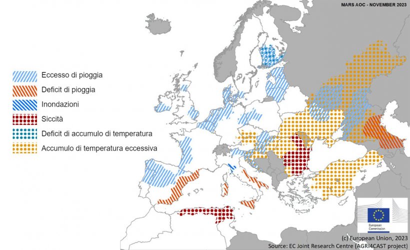 Mappa 1. Eventi climatici estremi in Europa dal 1&deg; ottobre al 18 novembre 2023 (fonte: MARS Bulletin 27/11/2023).
