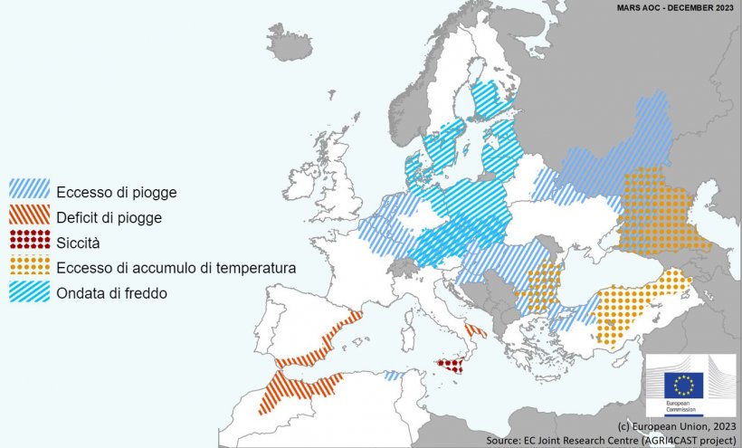 Mappa 1. Eventi climatici estremi in Europa dal 1&deg; novembre al 10 dicembre 2023 (fonte: MARS Bulletin 18/12/2023).
