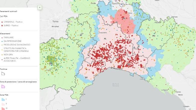 La cartina del Nord Italia pubblicata dal Bollettino Epidemiologico Nazionale evidenzia in colore rosso i positivi: triangolo rappresenta i cinghiali e il circolo i suini.