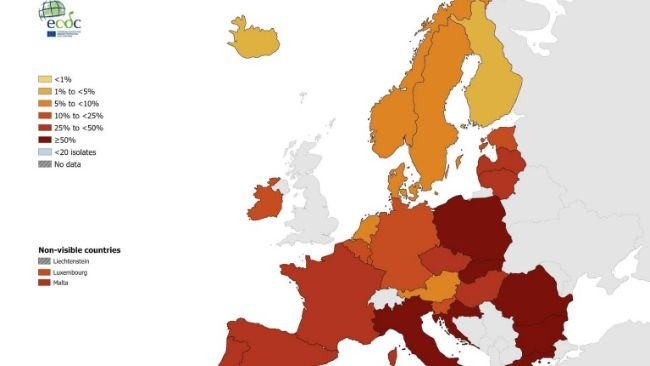Figura 4: Klebsiella pneumoniae. Percentuali di isolati resistenti a cefalosporine di terza generazioni (cefotaxime/ceftriaxone/ceftazidime) per paese UE/EEA nel 2022