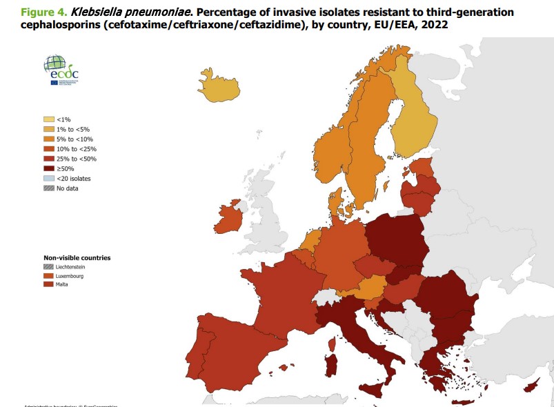 Figura 4: Klebsiella pneumoniae. Percentuali di isolati resistenti a cefalosporine di terza generazioni (cefotaxime/ceftriaxone/ceftazidime) per paese UE/EEA nel 2022