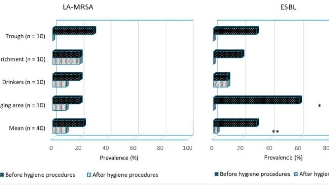 Figura 4. Prevalenza all’inizio dello studio (prima visita) di Staphylococcus aureus meticillino-resistente associato al bestiame (LA-MRSA) e di E. coli produttore di β-lattamasi a spettro esteso (ESBL) in campioni ambientali per ciascun sito di campionamento in 10 allevamenti di suini. * valore p < 0,05; ** Valore p < 0,01.