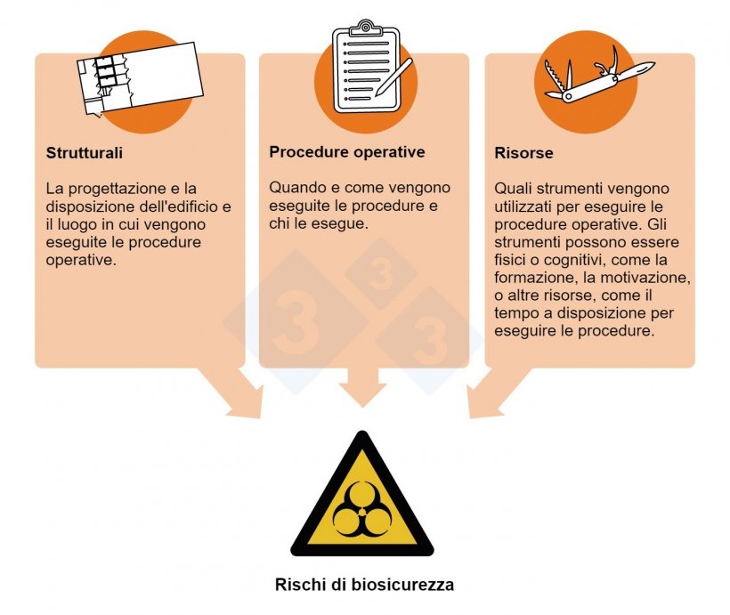 Figura 1. Rischi e punti critici per la biosicurezza: aspetti dei processi produttivi su cui possono essere implementate misure di controllo.
