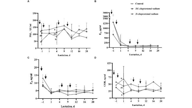 Figura 3. Effetto del D-cloprostenolo sodico o DL-cloprostenolo sodico sui livelli sierici di prolattina (PRL) (A), livelli di estradiolo-17β (E2) (B), livelli di progesterone (P4) (C) e cortisolo (COR) livelli (D) in scrofe multipare durante la lattazione (medie ± SD). Le scrofe multipare senza alcun trattamento aggiuntivo (n = 3) e quelle trattate con 75 μg/ora di D-cloprostenolo sodico (n = 3) e 200 μg/ora di DL-cloprostenolo sodico (n = 3) sono state indotte con trattamenti quartici 24 h prima consegna, rispettivamente 3 h e 5 giorni dopo il parto e 3 h, 5 giorni e 10 giorni dopo il parto. Il ↓ nell'immagine indica il tempo di somministrazione di 75 μg di D-cloprostenolo sodico o 200 μg di DL-cloprostenolo sodico. Il prelievo iniziale del sangue è stato effettuato 3 ore dopo la dose iniziale, cosa che merita di essere menzionata. a,bDiversi apici nello stesso punto temporale del prelievo di sangue differiscono in modo significativo (p