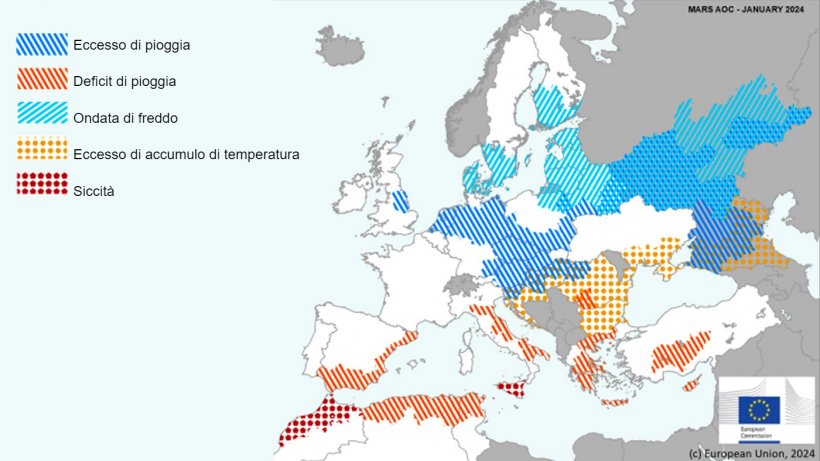 Mappa 1. Eventi climatici estremi in Europa dal 1&deg; dicembre 2023 al 14 gennaio 2024 (fonte: MARS Bulletin 22/01/2024).
