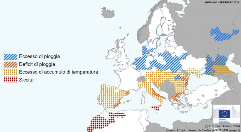Mappa 1. Eventi climatici estremi in Europa dal 1 gennaio 2024 al 18 febbraio 2024 (fonte: MARS Bulletin 26/02/2024).
