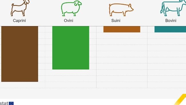 Figura 1. Variazione prevista nella produzione animale dell'UE, periodi selezionati dal 2024 al 2023. Capre, pecore e bovini, seconda metà del 2024 rispetto alla seconda metà del 2023. Suini, quarto trimestre del 2024 rispetto al quarto trimestre del 2023. Fonte: Europa Commissione.