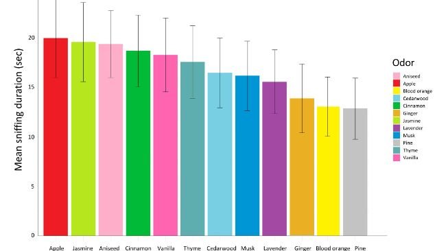 Figura 7. Durata media dell'annusamento per tipologia di odore rappresentato da diversi colori e ordinato dalla durata media più alta a quella più bassa. Le barre di errore rappresentano l'errore standard.