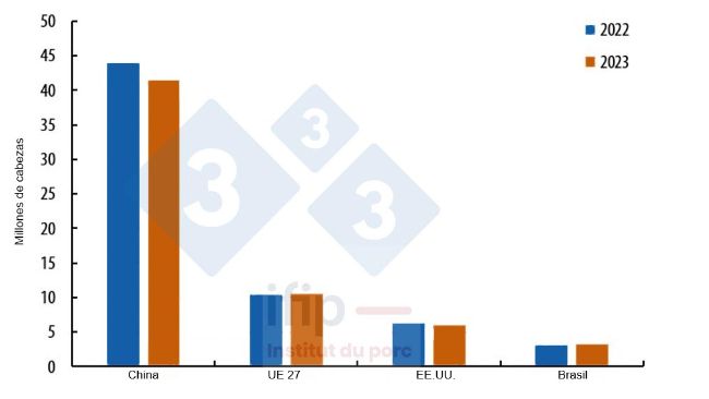 Evoluzione del patrimonio scrofe riproduttrici nei principali produttori mondiali a fine 2023/2022. Fonte: IFIP secondo Eurostat, MoA e USDA.
