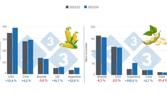Grafico 1. Proiezione del raccolto per i principali produttori mondiali di mais e soia - Campagna 2023/24 rispetto al ciclo 2022/23. Preparato dal Dipartimento di Economia e Market Intelligence con dati FAS – USDA.