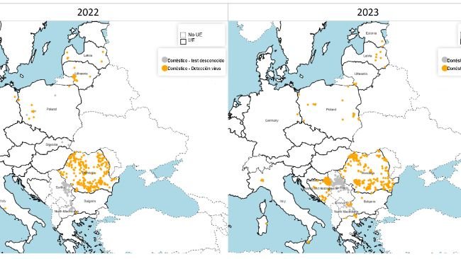 Distribuzione spaziale dei focolai confermati di PSA tra i suini domestici nel 2022 (a sinistra) e nel 2023 (a destra). Fonte: ADIS, accesso 1 febbraio 2024. © EuroGeographics per i confini amministrativi.