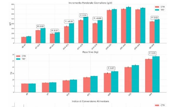 Figura 2. Effetto della supplementazione di muramidasi microbica sull’IPG e Peso vivo dei suinetti nella fase di svezzamento.