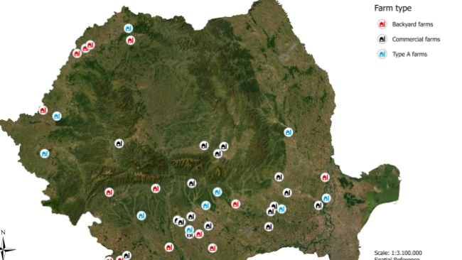 Locali dei campionamenti degli insetti in corrispondenza ad allevamenti risultati positivi alla PSA. I punti in rosso sono aziende famigliari, in nero piccoli allevamenti e in blu grandi allevamenti.