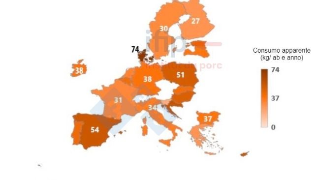 Consumo apparente di carne suina nel 2023 nell'UE-27 Fonte: Elaborazione Ifip a partire da dati JRC.