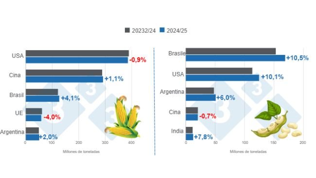 Grafico 1. Proiezione del raccolto per i principali produttori mondiali di mais e soia - campagna 2024/25 rispetto al ciclo 2023/24 - ultimo aggiornamento: 11 ottobre 2024. Elaborato dal Dipartimento di Economia e Market Intelligence su dati FAS - USDA.