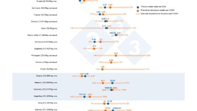 Grafico 1. Sondaggio 333 sul prezzo del suino nel 2024: confronto tra le previsioni degli utenti 333 (22 gennaio - 12 febbraio 2024) e il prezzo effettivo registrato durante tutto l'anno 2024. Il numero di dati analizzati è riportato tra parentesi.