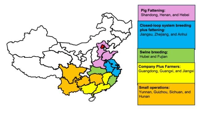 Distribuzione geografica e modalità operative dell'industria suina cinese per provincia. Fonte: USDA da ATO Pechino.
