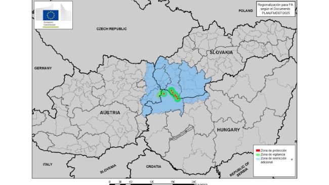 Zone di protezione e sorveglianza e zona di restrizione aggiuntiva secondo il documento PLAN/FMD07/2025 2025-SANTE G2. Ultimo aggiornamento 27/03/2025. Fonte: CE.