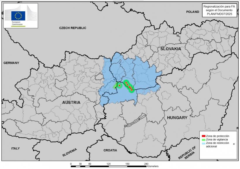 Zone di protezione e sorveglianza e zona di restrizione aggiuntiva secondo il documento PLAN/FMD07/2025 2025-SANTE G2. Ultimo aggiornamento 27/03/2025. Fonte: CE.
