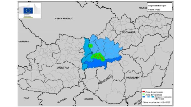 Zone di protezione e sorveglianza e zona di restrizione aggiuntiva secondo il Documento PLAN/FMD08 REV1/2025 2025-SANTE G2. Ultimo aggiornamento 02/04/2025. Fonte: CE.