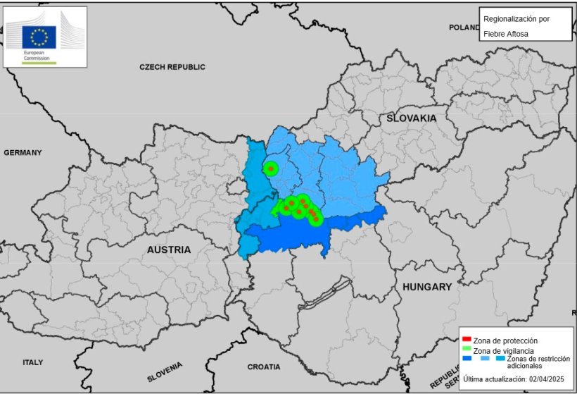 Zone di protezione e sorveglianza e zona di restrizione aggiuntiva secondo il Documento PLAN/FMD08 REV1/2025 2025-SANTE G2. Ultimo aggiornamento 02/04/2025. Fonte: CE.