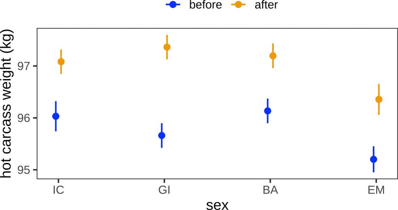 Fig. 1. Medie stimate (kg) per il peso della carcassa calda con intervallo di confidenza del 95% prima (blu) e dopo (arancione) la variazione del bolletino di prezzo del 27 febbraio 2020, per immunocastrati (IC), scrofette (GI), maschi castrati (BA) e maschi interi (EM). Le linee tratteggiate illustrano le differenze significative prima e dopo la variazione de bolletino di prezzo all'interno dei gruppi di sesso (p < 0,0004). (Per l'interpretazione dei riferimenti al colore nella legenda di questa figura, si rimanda il lettore alla versione web di questo articolo.)