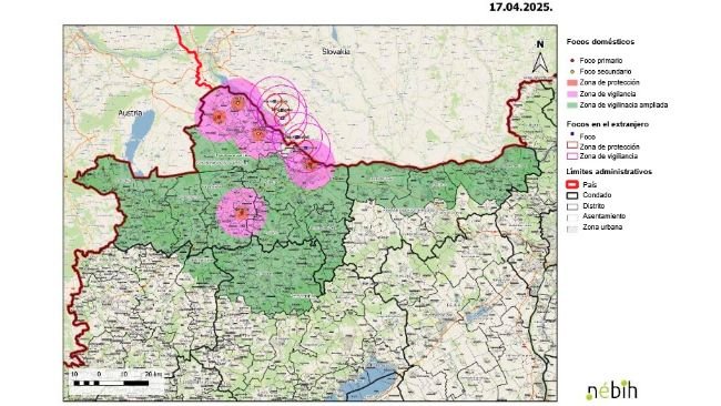 Focos de fiebre aftosa a fecha 17 de abril de 2025. Fuente: Nébih.