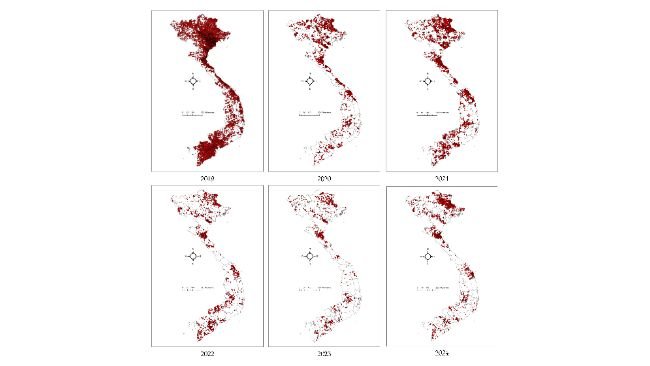 Figura 4. Mappe che mostrano la distribuzione dei focolai di PSA in Vietnam dal 2019 al 2024. I punti rossi rappresentano i focolai di PSA a livello di comune.