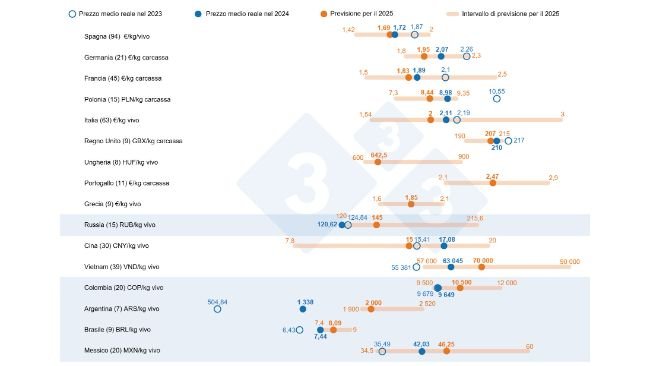 Grafico 1. Previsioni sul prezzo del suino per il 2025: confronto tra le previsioni degli Utenti della 333 e il prezzo medio effettivo nel 2023 e nel 2024. Per ciascun Paese, l'intervallo di risposte è mostrato dalla barra arancione, dove sono rappresentati i valori massimo, minimo e mediano. Il prezzo medio effettivo nel 2023 e nel 2024 è indicato dai punti blu. Il numero di punti dati analizzati per ciascun Paese è indicato tra parentesi.