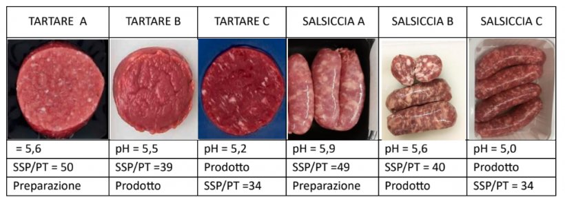 Figura 2. Esempi di classificazione di produzioni di carne: tartare e salsiccia
TARTARE A TARTARE B TARTARE C SALSICCIA A SALSICCIA B SALSICCIA C

= 5,6 pH = 5,5 pH = 5,2 pH = 5,9 pH = 5,6 pH = 5,0
SSP/PT = 50 SSP/PT =39 Prodotto SSP/PT =49 SSP/PT = 40 Prodotto
Preparazione Prodotto SSP/PT =34 Preparazione Prodotto SSP/PT = 34
