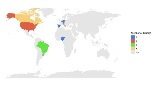 Figura 2. Distribuzione geografica e numero di studi che valutano il microclima e gli indicatori di benessere nei suini grassi per il carico al macello.