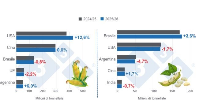 Grafico 1: Proiezione del raccolto per i principali produttori mondiali di mais e soia - stagione 2025/26 rispetto al ciclo 2024/25 - ultimo aggiornamento: 12 agosto 2025. Preparato dal Dipartimento di Economia e Sostenibilità dell'America Latina 333 con dati FAS - USDA