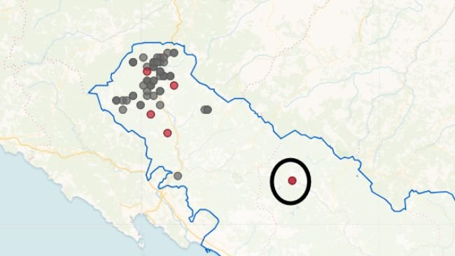 Positività riscontrata psa nei cinghiali in Toscana. Nel circolo nero l'ultimo focolaio a Piazza al Serchio (Lucca). Fonte: https://www.izs.it/BENV_NEW/datiemappe.html