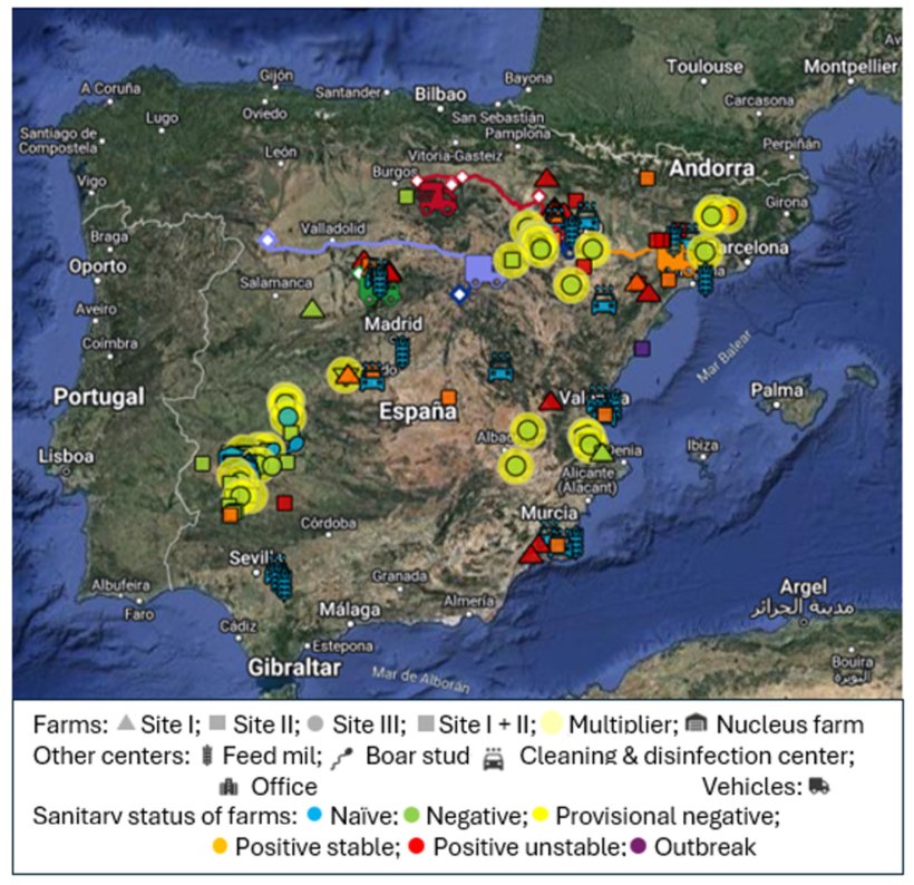 Figura 1. Mappa esterna Biorisk® dei siti tracciati. (La Figura 1 è stata ottenuta dalla piattaforma esterna Biorisk® (2024) e riprodotta con l'autorizzazione di Animal Data Analytics, SL).https://doi.org/10.3390/ani14202932