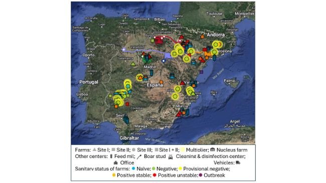 Figura 1. Mappa esterna Biorisk® dei siti tracciati. (La Figura 1 è stata ottenuta dalla piattaforma esterna Biorisk® (2024) e riprodotta con l'autorizzazione di Animal Data Analytics, SL).https://doi.org/10.3390/ani14202932
