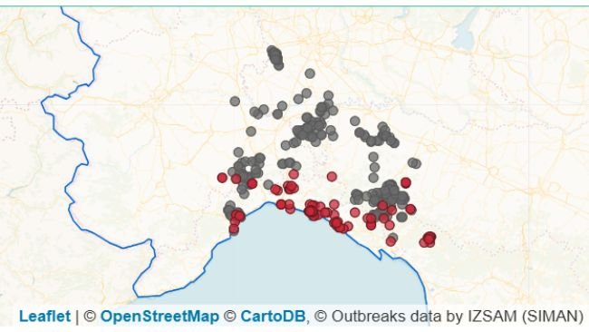 Quadro epidemiologico peste suina africana al 13 novembre 2025. In grigio i focolai estinti, in rosso i focolai attivi. Fonte: https://www.vetinfo.it/sso_portale/