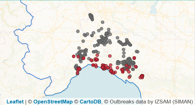 Quadro epidemiologico peste suina africana al 13 novembre 2025. In grigio i focolai estinti, in rosso i focolai attivi. Fonte: https://www.vetinfo.it/sso_portale/
