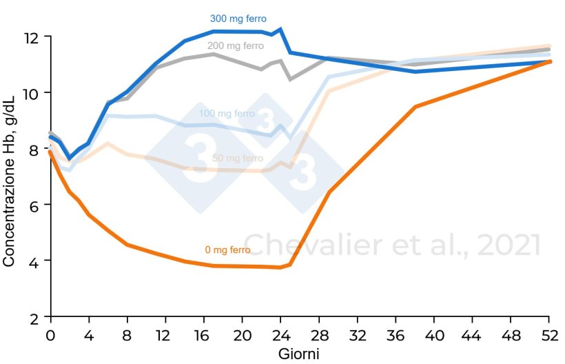 Figura 1. Concentrazione di emoglobina in base alle diverse quantit&agrave; di ferro somministrate (adattato da Chevalier et al., 2021)
